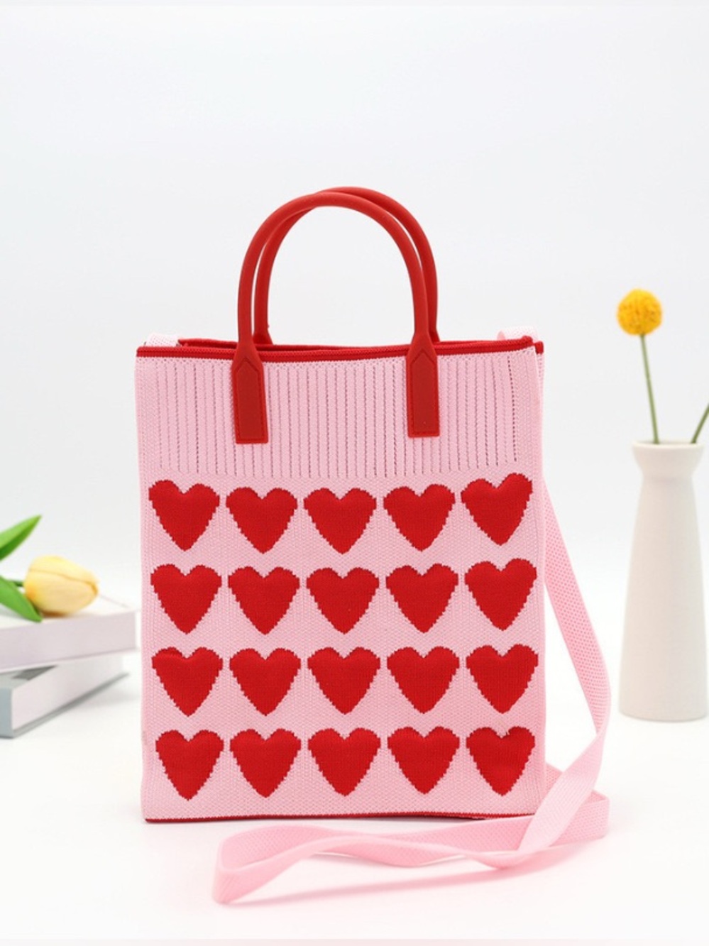 Petite Hailey Pink and Red Heart Knit Mini Cross Tote
